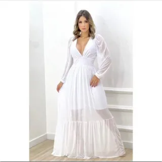 Vestido Tule Manga Longa  Feminino Festa Casamento - Fundo Azul escuro