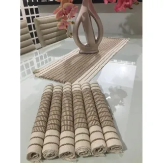 Algodão Chic Tear Americano Jogo - 7 peças - Cru com listrado vermelho