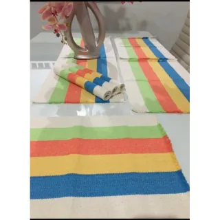 Algodão Chic Tear Americano Jogo - 7 peças - Cru com listrado vermelho