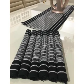 Algodão Chic Tear Americano Jogo - 7 peças - Cru com listrado vermelho