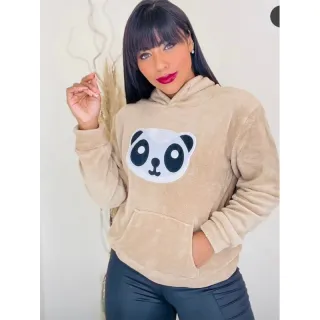 Blusa Feminina de Moletom com Capuz Pelúcia Panda - Blusa de Frio - Marrom