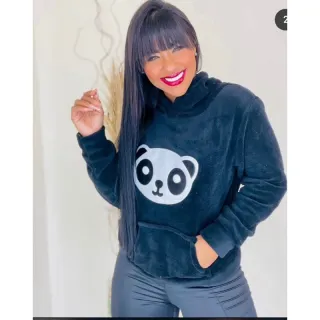 Blusa Feminina de Moletom com Capuz Pelúcia Panda - Blusa de Frio - Marrom