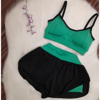 Roupa de Academia Conjunto Fitness Top Alcinha e Short Duplo com Bojo - Verde água