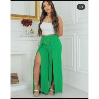 Calça pantalona feminina com fenda, tendência de corrente em tecido duna - Pinki