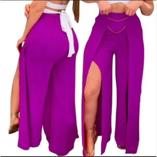 Calça pantalona feminina com fenda, tendência de corrente em tecido duna - Pinki