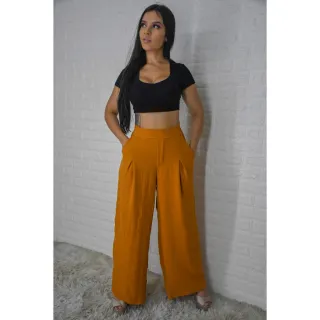 Elegante Calça Pantalona Feminina Lisa - Tecido Duna - Vermelho