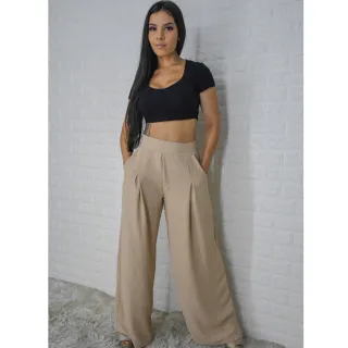 Elegante Calça Pantalona Feminina Lisa - Tecido Duna - Vermelho