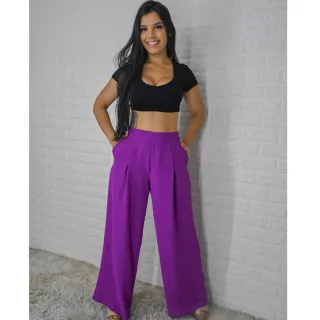 Elegante Calça Pantalona Feminina Lisa - Tecido Duna - Vermelho