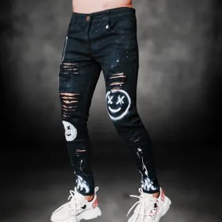Calça masculina estampada destroyed branca PREMIUM - Calça preta sorrisos