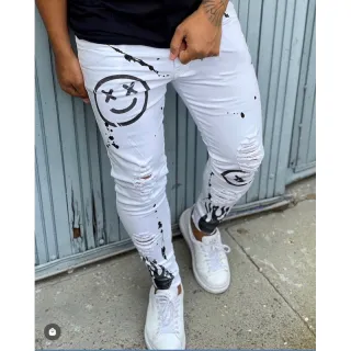 Calça masculina estampada destroyed branca PREMIUM - Calça preta sorrisos