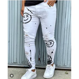 Calça masculina estampada destroyed branca PREMIUM - Calça preta sorrisos