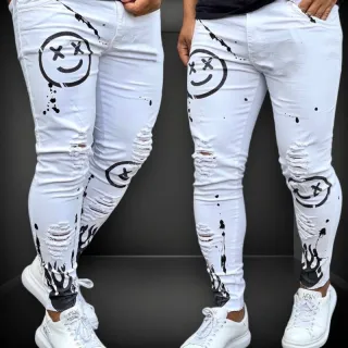 Calça masculina estampada destroyed branca PREMIUM