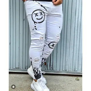 Calça masculina estampada destroyed branca PREMIUM - Calça preta sorrisos