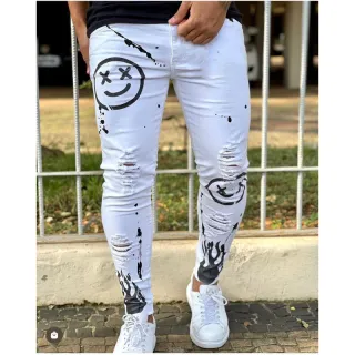 Calça masculina estampada destroyed branca PREMIUM - Calça preta sorrisos
