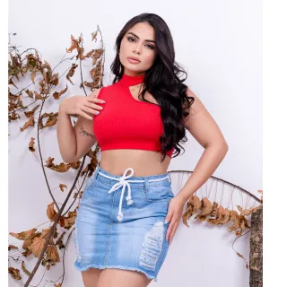 Modelo Gringa Saia Jeans Cintura Alta Destroyed Cos Alto Detonado - Saia Jeans Clarinho Greban