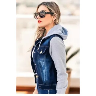Jaqueta feminina removível com capuz, Jeans e Moletom, para o Inverno e Outono - GG