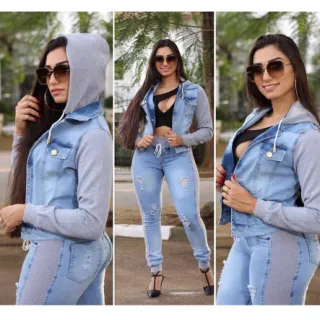 Jaqueta feminina removível com capuz, Jeans e Moletom, para o Inverno e Outono - GG