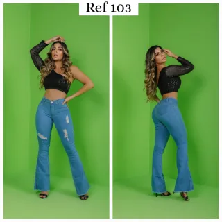Premium Luxo Calças Jeans Flare Feminina - Cintura Alta, Boca Sino e Efeito Empina Bumbum - F 105 PRETA LISA