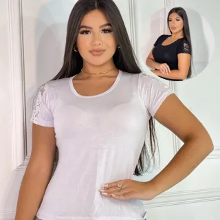 Camiseta Feminina Manga Curta com Detalhe de Renda - Blusa T-Shirt - Branca