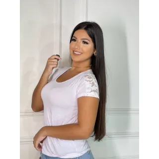 Camiseta Feminina Manga Curta com Detalhe de Renda - Blusa T-Shirt - Branca