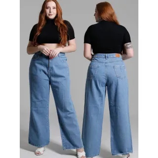 Wide Leg Plus Size Calça Jeans Feminina Cintura Alta Empina Bumbum
