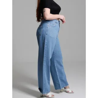 Wide Leg Plus Size Calça Jeans Feminina Cintura Alta Empina Bumbum - Lavagem Media