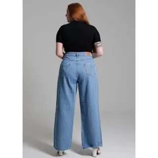 Wide Leg Plus Size Calça Jeans Feminina Cintura Alta Empina Bumbum - Lavagem Media