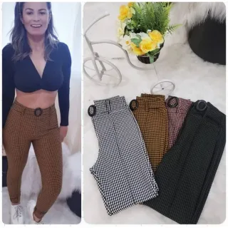 BOLSOS Xadrez Lisa com Cinto Calça Skinny Feminina - Branco