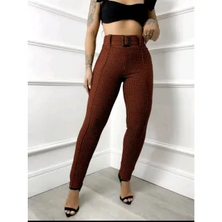 BOLSOS Xadrez Lisa com Cinto Calça Skinny Feminina - Branco