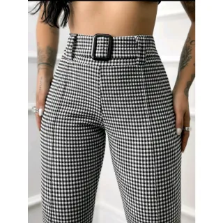 BOLSOS Xadrez Lisa com Cinto Calça Skinny Feminina - Branco