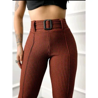 BOLSOS Xadrez Lisa com Cinto Calça Skinny Feminina