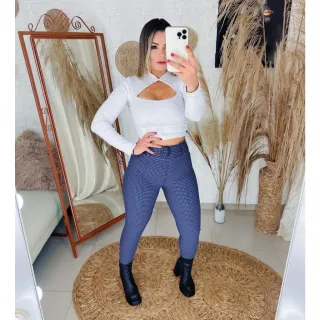 BOLSOS Xadrez Lisa com Cinto Calça Skinny Feminina - Branco