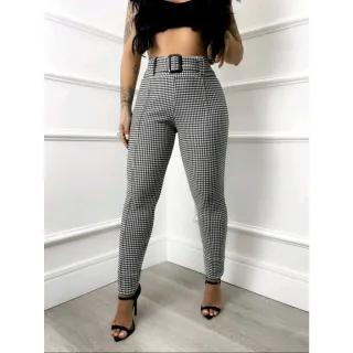 BOLSOS Xadrez Lisa com Cinto Calça Skinny Feminina - Branco