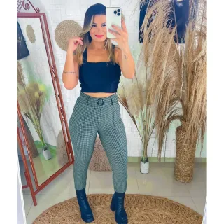 BOLSOS Xadrez Lisa com Cinto Calça Skinny Feminina - Branco