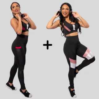 Conjunto Top e Calça Legging Feminino com Bolso, Cirrê Cintura Alta e Detalhe Suplex - Kit Fitness - Rosa + Rosa