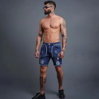 Env/24h Bermuda Jeans Masculina Premium Clara Rasgada Alta Qualidade - ESCURA
