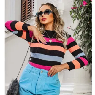 Moda Blogueiras: Blusa Listrada Tricot Cacharrel Feminina