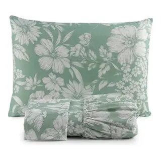 Cama Box Casal King Size Jogo Lençol 3 Peças Tecido 200 Fios - Floral Verde