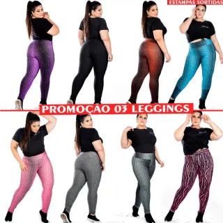 Promoção Kit 03 Calças Leggings Feminina PlusSize - Lisa, Mescla e Estampado - 1 PRETA+ 1 MESCLA+ 1 ESTAMPADO