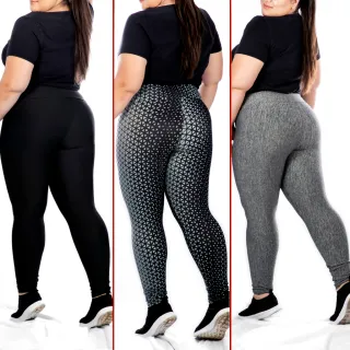 Promoção Kit 03 Calças Leggings Feminina PlusSize - Lisa, Mescla e Estampado - 1 PRETA+ 1 MESCLA+ 1 ESTAMPADO