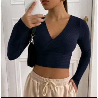 Canelado transpassado Manga Longa Blusa Cropped Feminina - Vinho