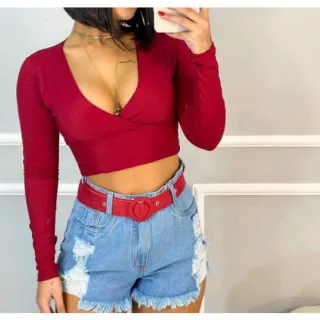 Canelado transpassado Manga Longa Blusa Cropped Feminina - Vinho