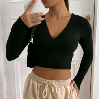 Canelado transpassado Manga Longa Blusa Cropped Feminina - Vinho