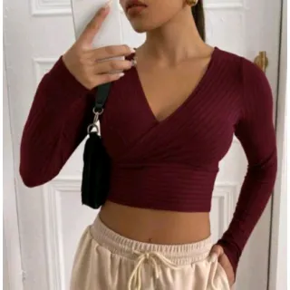 Canelado transpassado Manga Longa Blusa Cropped Feminina - Vinho