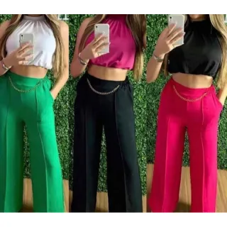 Calça Pantalona Duna-003 Elástico Cintura Corrente Atrás - Caqui