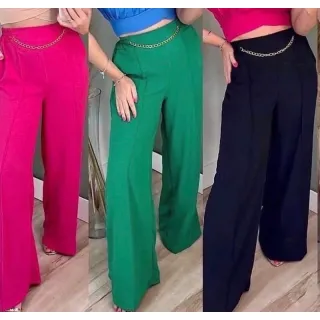Calça Pantalona Duna-003 Elástico Cintura Corrente Atrás - Caqui
