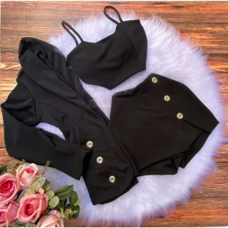 Kit Conjunto Social Feminino: Blazer manga longa ou colete + Short saia + Cropped de alcinha - Modelo 4