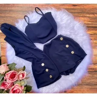 Kit Conjunto Social Feminino: Blazer manga longa ou colete + Short saia + Cropped de alcinha - Modelo 4
