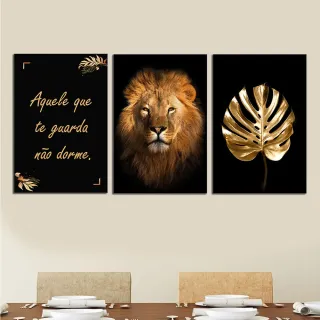 Quadros Decorativos Kit Mosaico Leão de Judá Vintage - Frase Aquele que te Guarda não Dorme - 13x19 cm