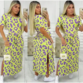 Vestido Longo Animal Print Feminino Midi - Estampado Onça Liso - - Lima c/ Lilas 2